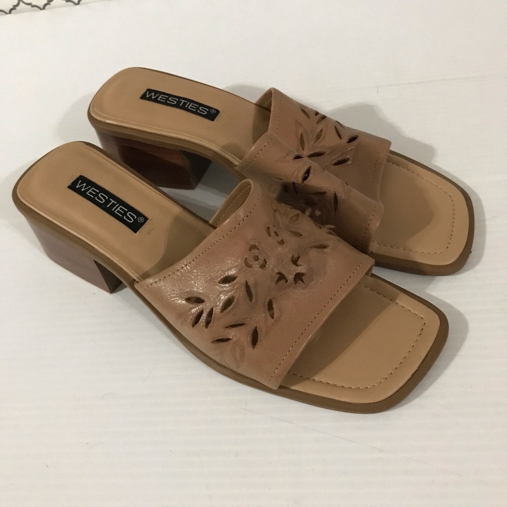 NWOT Westies Women's Tan Leather Block Heel Slide Sandals Size 11M